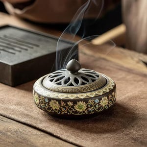 May include: A brown ceramic incense burner with a decorative floral pattern and a perforated lid. The burner is emitting wisps of smoke, suggesting it is in use. The design includes a geometric border and a small, round knob on top.