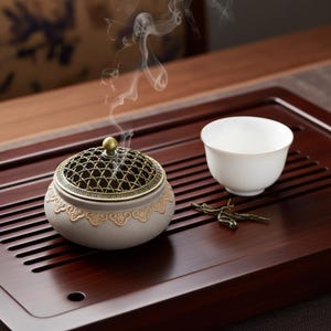 May include: A gray ceramic incense burner with a decorative brass lid and accents. Wisps of smoke rise from the burner, next to a white teacup and tea leaves on a dark wooden tray. The scene evokes a sense of calm.