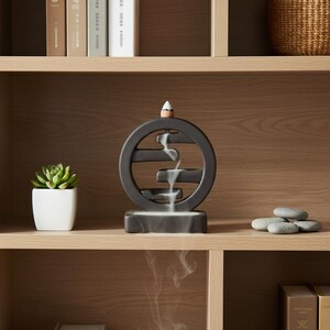 May include: A dark gray ceramic incense burner with a circular design and cascading smoke. The burner has a small, cone-shaped incense on top. A small white square pot with a green succulent is to the left.