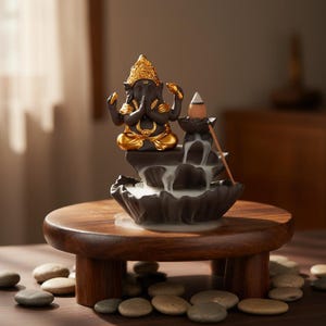 Peut inclure: Une statue de Ganesh noire et dorée est posée sur un brûleur d'encens brun foncé à plusieurs niveaux. La statue est ornée de détails dorés. La fumée d'encens s'écoule le long des niveaux. Le brûleur est sur une petite table ronde en bois.