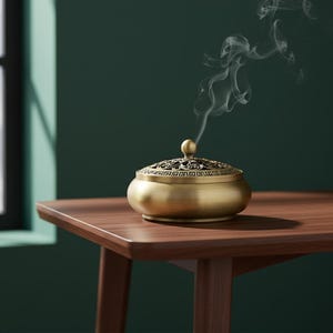 Peut inclure: Un brûleur d'encens doré avec des motifs complexes sur le couvercle et le corps. Des volutes de fumée s'élèvent du brûleur, suggérant l'utilisation d'encens. Le brûleur est posé sur une table en bois, créant une scène sereine et décorative.