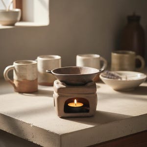 Peut inclure: Un brûleur d'huile en céramique beige avec une bougie allumée à l'intérieur et un petit plat marron au-dessus. Plusieurs tasses beiges et un petit bol sont en arrière-plan, créant une scène chaleureuse. Les objets sont disposés sur une surface claire.