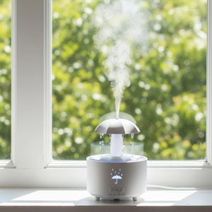 Peut inclure: Un diffuseur d'huiles essentielles blanc et gris en forme de parapluie, avec une brume de vapeur s'élevant du sommet. Le diffuseur a un motif de goutte de pluie et est posé sur un rebord de fenêtre blanc.