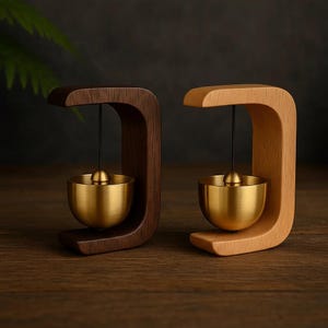 Peut inclure: Deux carillons éoliens en bois avec des cloches en laiton. L'un est en bois brun foncé, l'autre en bois brun clair. Chacun a un dessus incurvé et une petite cloche en laiton suspendue à une ficelle noire. Les carillons sont exposés sur une surface en bois.