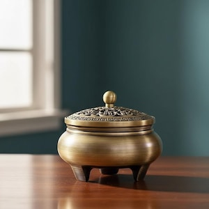 May include: A bronze-colored incense burner with a decorative lid and three small feet. The lid features an intricate, openwork design. The burner sits on a wooden surface, with a window and teal wall in the background.