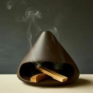 Peut inclure: Un brûleur d'encens en céramique marron, de forme triangulaire, avec une grande ouverture. Deux morceaux de bois sont à l'intérieur, avec des volutes de fumée qui s'élèvent. Le brûleur est posé sur une surface claire, sur fond sombre.