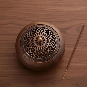 Può includere: Un bruciatore di incenso rotondo, color bronzo, con un coperchio traforato decorativo. Il bruciatore presenta un motivo floreale al centro e un bordo geometrico. Un bastoncino di incenso è appoggiato su una superficie di legno accanto al bruciatore.