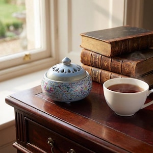 Peut inclure: Un brûleur d'encens en céramique bleu clair, orné de motifs floraux et d'un couvercle percé. Il est posé sur une surface en bois sombre, à côté d'une pile de vieux livres et d'une tasse de thé. Le brûleur mesure environ 10 cm de diamètre.