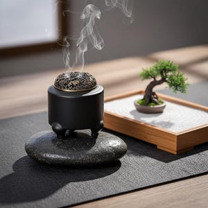 Peut inclure: Un brûleur d'encens noir avec un couvercle décoratif en filigrane, dégageant de la fumée. Le brûleur repose sur une pierre sombre et arrondie. Un petit bonsaï dans un plateau en bois est en arrière-plan, créant une atmosphère zen.