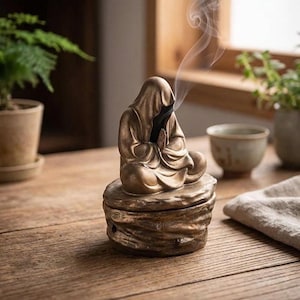 以下が含まれることがあります： 瞑想のポーズをとるフード付きの人物が特徴の、ブロンズ色の香炉。その人物は、テクスチャ加工された岩のような土台の上に座っており、お香の煙が立ち上っています。背景には、木の表面、植物、ティーカップが含まれています。