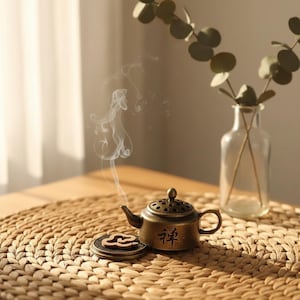 Peut inclure: Un petit brûleur d'encens de couleur bronze en forme de théière, avec le caractère chinois pour "Zen" sur le côté. Des volutes de fumée s'élèvent du brûleur, posé sur un tapis tressé. Un vase en verre transparent avec de la verdure est en arrière-plan.