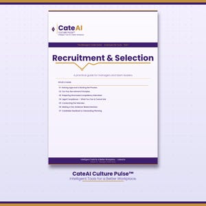 Könnte beinhalten: Ein weißes Dokument mit lila Rand, betitelt "Recruitment & Selection". Es zeigt das CateAI Culture Pulse-Logo und eine Liste von Themen wie "Genehmigung einholen & den Prozess starten" und "Das Interview durchführen".