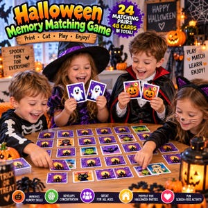 May include: A Halloween memory matching game set featuring 48 cards with various spooky illustrations. The game includes cards depicting ghosts, pumpkins, cats, and haunted houses. The packaging displays the text Halloween Memory Matching Game.