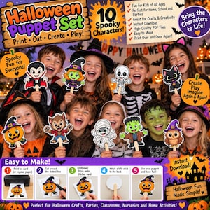 Könnte beinhalten: Ein Halloween-Puppenset mit 10 gruseligen Charakteren, darunter ein Vampir, eine Hexe, ein Skelett, eine Katze, ein Kürbis, ein Werwolf, eine Mumie, Frankenstein und eine Eule, inklusive einer Anleitung zum Basteln der Figuren.
