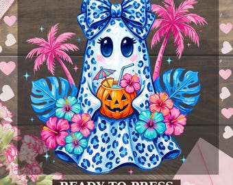 Cute Ghost Halloween Dtf Transfer, Tropical Halloween Ready to Press, Preppy Ghost with Pumpkin Drink, Coquette Bow Beach Halloween Dtf