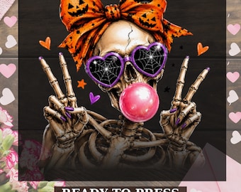 Coquette Halloween Skeleton Dtf Transfer, Cute Skull with Pumpkin Bow & Heart Sunglasses, Pink Spooky Season Ready to Press, Girly Halloween