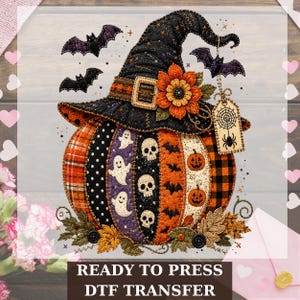May include: A pumpkin graphic with a black witch hat, decorated with a sunflower, bats, ghosts, and skulls. The pumpkin features orange, black, and white fabric patterns with stitching details. A hanging tag displays a spider web and spider.