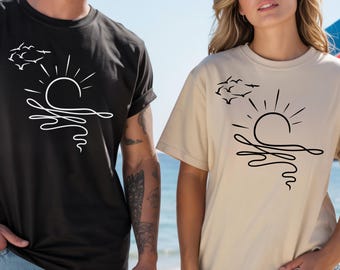 Transferencias DTF Sun Ocean, Gráficos lineales Boho Verano Listos para prensar, Prensa térmica de playa de moda, Lindo estampado DTF minimalista de verano, Sunshine DTF