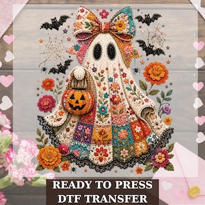 May include: A DTF transfer sheet featuring a ghost illustration with a large floral bow, holding a jack-o'-lantern bucket. The ghost is decorated with colorful flower patterns, black lace trim, bats, and spiderwebs. Text at the bottom reads READY TO PRESS DTF TRANSFER.