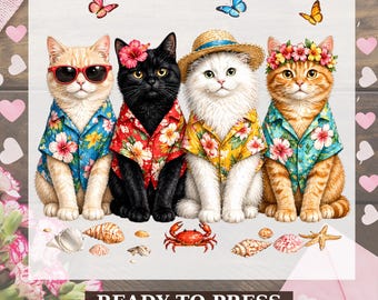 Summer Beach Cats Dtf Transfer, Beach Cat Lover Ready to Press, For Women Youth Kids Cute Cat Heat Press, Vacation Tropical Cat Dtf Print