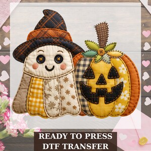 Patchwork Spooky Pumpkin Halloween Dtf Transfer, Gothic Pumpkin Graphic Ready to Press, Retro Spooky Skull Bat Fall Graphic Heat Press