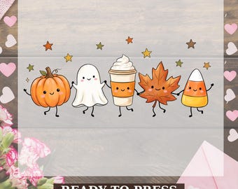 Cute Halloween Dtf Transfer, Kawaii Ghost Pumpkin Candy Corn Coffee Cup, Spooky Season Fall Autumn Ready to Press, Fall Aesthetic Heat Press