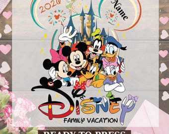 Transferencia DTF personalizada de la familia Disney, impresión DTF Disney 2026, lista para planchar con prensa de calor, conjunto de vacaciones a juego