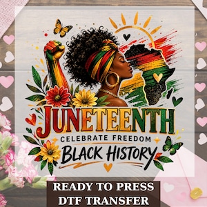 May include: A colorful graphic featuring a Black woman with a head wrap in the colors of the Pan-African flag, a raised fist, and the text "Juneteenth Celebrate Freedom Black History." The image includes flowers, butterflies, and a map of Africa.