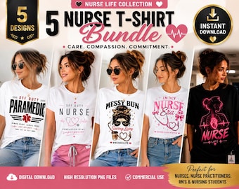 5 Nurse T-Shirt Designs Bundle | RN, Paramedic, Medical PNG (Digital Download)