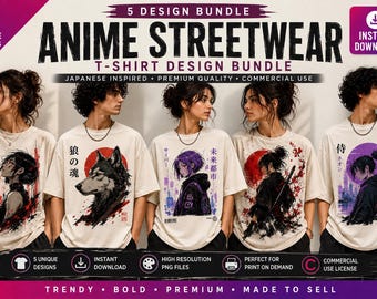 Anime Streetwear T-Shirt Design Bundle | Samurai, Cyberpunk, Wolf (Digital Download)