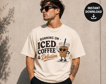 Running On Iced Coffee Delusion PNG, Retro Coffee Lover Graphic (Digital Download)