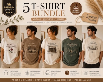 5 Vintage Cottagecore T-Shirt PNG Designs | Book Lover, Coffee, Nature Graphics (Instant Download)
