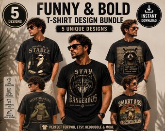 Funny Animal T-Shirt Design Bundle, 5 PNG Graphic Tees, Vintage Retro Shirt Designs, Commercial Use, Print Ready, Instant Download