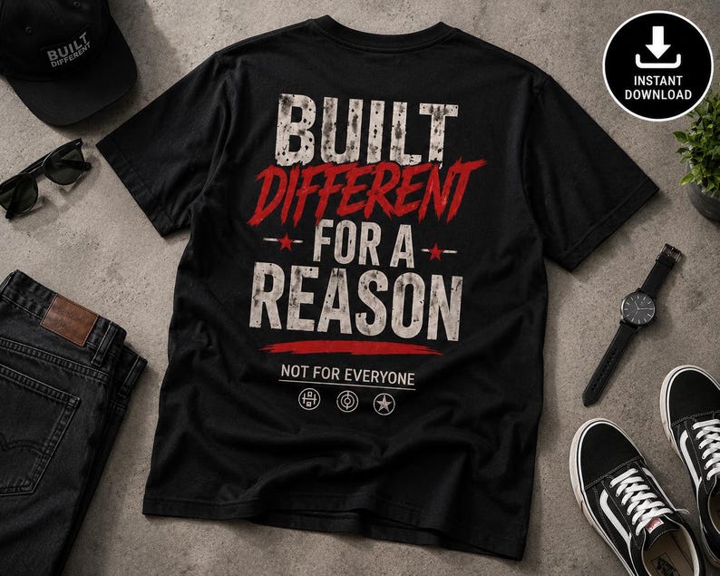 May include: A black short-sleeve t-shirt featuring the white and red distressed text BUILT DIFFERENT FOR A REASON, with the smaller text NOT FOR EVERYONE below it, accompanied by three circular icons containing a barbell, a target, and a star.