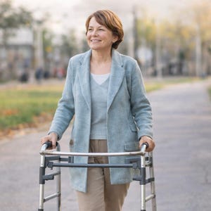 Pode incluir: Uma mulher com um blazer azul claro e calças bege sorri enquanto caminha ao ar livre. Ela usa um andador prateado e preto para se apoiar. O fundo está desfocado, sugerindo um parque ou um ambiente ao ar livre.
