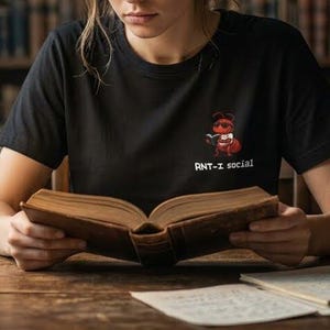 Puede incluir: Camiseta negra con una hormiga de dibujos animados leyendo un libro, el texto dice "ANT-I social". La persona está leyendo un libro antiguo con una cubierta marrón. Una taza de café y papeles están sobre la mesa de madera. Estanterías en el fondo.