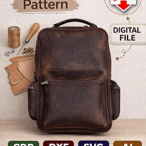 May include: A brown leather backpack pattern with the text "Leather Bag Pattern". The image includes a PDF icon, the words "Digital File", and file type icons for CDR, DXF, SVG, and AI. Also shown are leather working tools and materials.