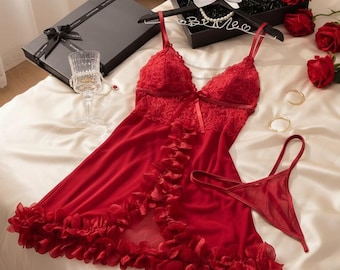 Red Lace Nightdress Set: Sheer V-Neck Mini Lingerie, Floral Summer Sleepwear