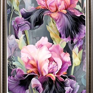 May include: A framed floral art print featuring large, vibrant iris flowers. The irises display a gradient of pink, purple, and black hues, with green foliage against a muted gray background. The artwork is enclosed in a decorative frame.