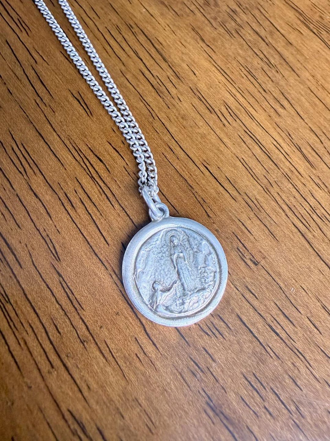 1970s Vintage Our Lady of Lourdes Medallion Necklace, Silver Plated ...