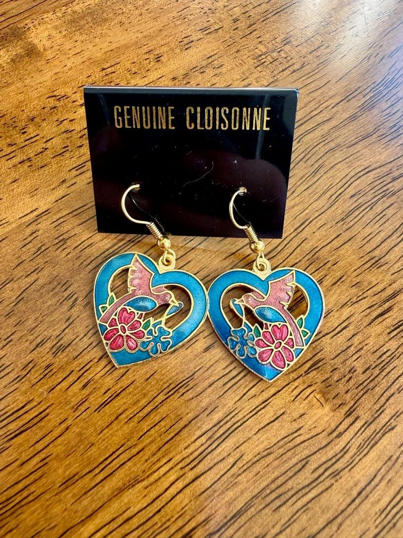 Pendientes vintage de esmalte cloisonné de los años 80, nuevos sin usar. imagen 3