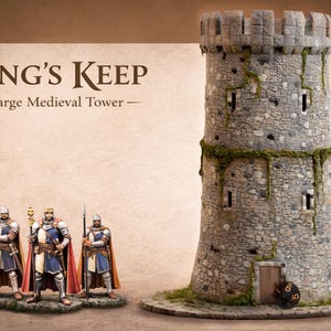May include: A large medieval tower and three figurines of knights stand before a light brown background. The tower is made of gray stone with green vines. The knights wear blue and red cloaks. The text "King's Keep - Large Medieval Tower" is at the top.