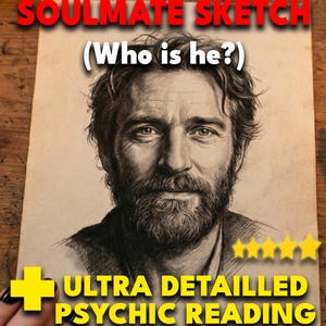 May include: A pencil sketch portrait of a man with a beard and the text "SOULMATE SKETCH (Who is he?)" in red and white. The image also includes the text "ULTRA DETAILED PSYCHIC READING" in yellow, with five gold stars.