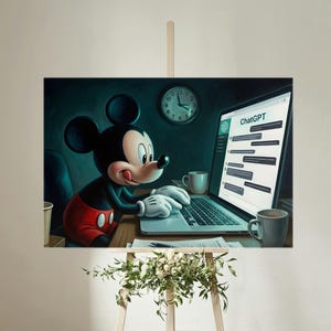 Puede incluir: Impresión en lienzo de Mickey Mouse usando una laptop con la interfaz ChatGPT. Mickey lleva pantalones cortos rojos, guantes blancos y zapatos negros. Un reloj y tazas también son visibles en la imagen.