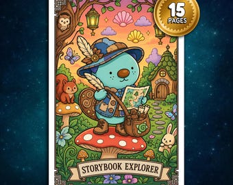 Könnte beinhalten: Eine Ausmalvorlage mit dem Titel STORYBOOK EXPLORER, die ein blaues Wesen mit Hut und Weste auf einem roten Pilz zeigt, das eine Karte und eine Feder hält. Die Szene enthält ein Eichhörnchen, einen Hasen, eine Eule, Laternen und ein kleines Haus.