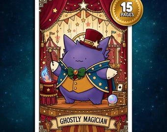 Könnte beinhalten: Eine lila Geisterfigur als Zauberer mit Zylinder, Umhang und Weste auf einer Bühne mit roten Vorhängen. Die Illustration zeigt einen Zauberstab, eine Flamme und eine Kristallkugel. Der Text lautet GHOSTLY MAGICIAN und 15 PAGES.