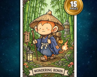 Könnte beinhalten: Eine rechteckige Illustration eines Zeichentrickaffen als Ronin mit Strohhut, blauem Kimono und Rucksack, der durch einen Bambuswald wandert. Ein goldenes Abzeichen in der Ecke zeigt 15 PAGES und ein Banner unten trägt die Aufschrift WONDERING RONIN.