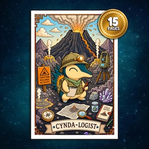 May include: A colourful illustration of a Cyndaquil character as a volcanologist, with a volcano erupting in the background. The image includes a sign that reads "Caution Volcanic Activity" and the text "Cynda-Logist". A gold circle indicates "15 Pages".