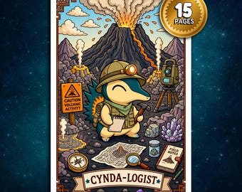 Könnte beinhalten: Eine farbenfrohe Illustration eines Cyndaquil-Charakters als Vulkanologe, mit einem ausbrechenden Vulkan im Hintergrund. Das Bild enthält ein Schild mit der Aufschrift "Vorsicht Vulkanaktivität" und den Text "Cynda-Logist". Ein goldener Kreis zeigt "15 Seiten".
