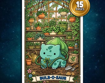 Könnte beinhalten: Eine farbenfrohe Illustration eines Bulbasaur-Charakters, der einen Baum in einem Gewächshaus pflanzt. Das Bild zeigt eine goldene Münze mit dem Text "15 PAGES" und den Text "BULB-O-SAUR" auf einem Banner.